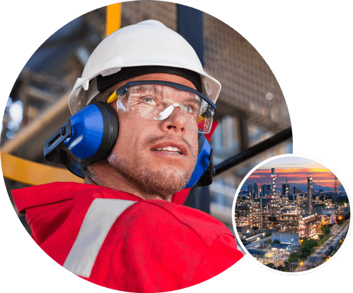 Man in hard hat and red shirt working