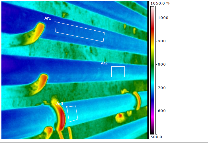 Hot and cool areas are show on an image taken by an IR camera.